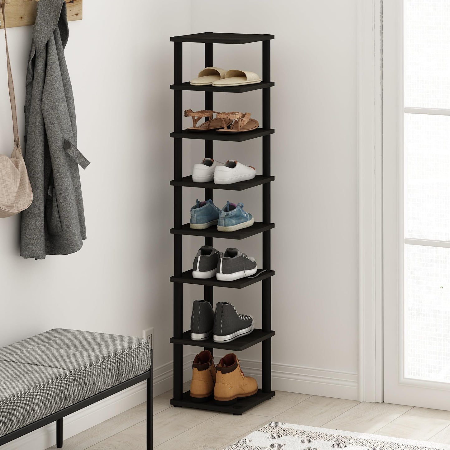 Furinno Turn-N-Tube Vertical Shoe Rack, 8-Tier Narrow Shoe Organizer, Free Standing Shoe Storage