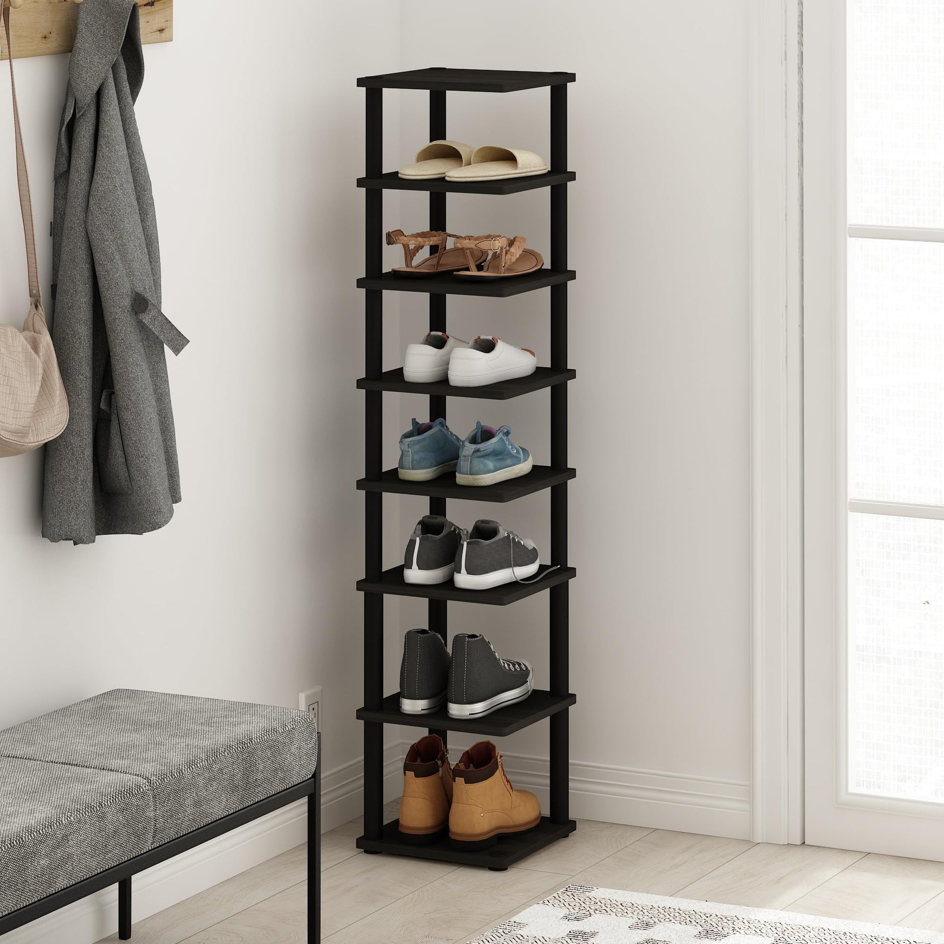 Furinno Turn-N-Tube Vertical Shoe Rack, 8-Tier Narrow Shoe Organizer, Free Standing Shoe Storage