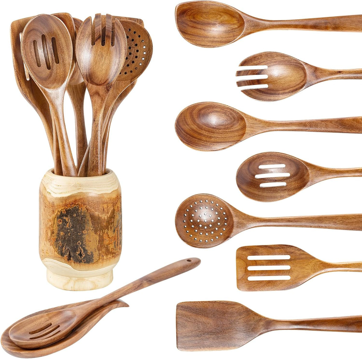 Gudamaye 13 inch Long Wooden Spoons for Cooking,Wooden Utensils for Cooking with Utensils Holder,9