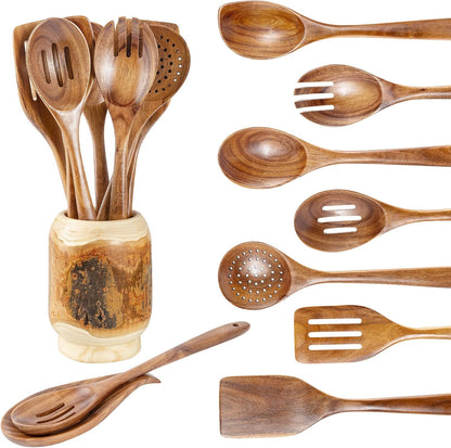 Gudamaye 13 inch Long Wooden Spoons for Cooking,Wooden Utensils for Cooking with Utensils Holder,9