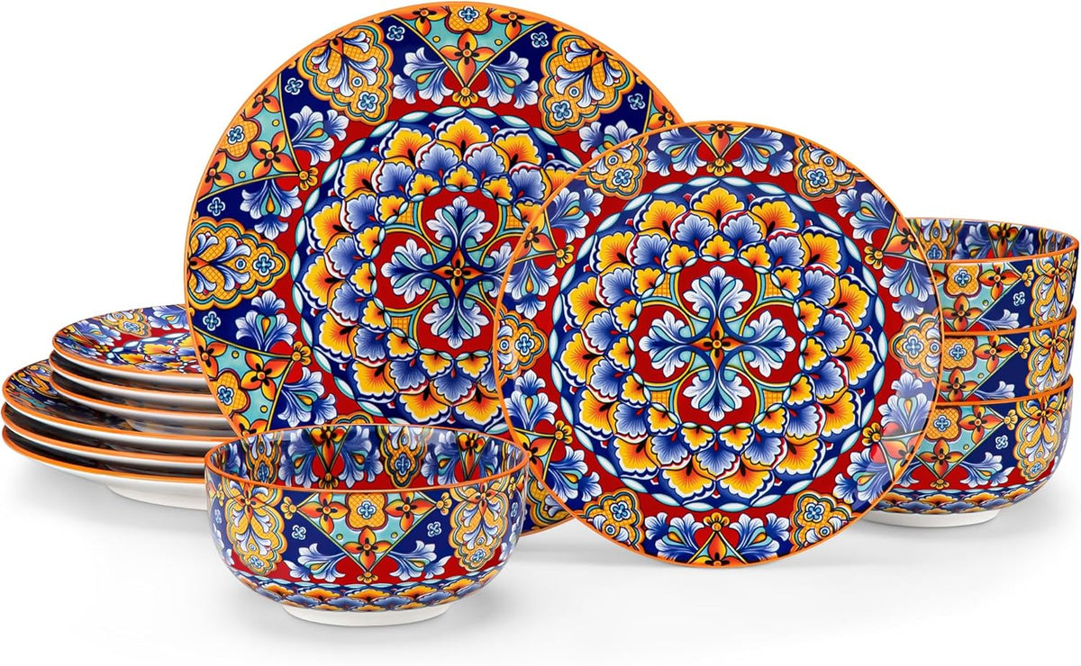 vancasso 12 Pieces Dinnerware Sets, Orange Plates and Bowls Set, Porcelain Dishes Set for 4