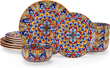 vancasso 12 Pieces Dinnerware Sets, Orange Plates and Bowls Set, Porcelain Dishes Set for 4