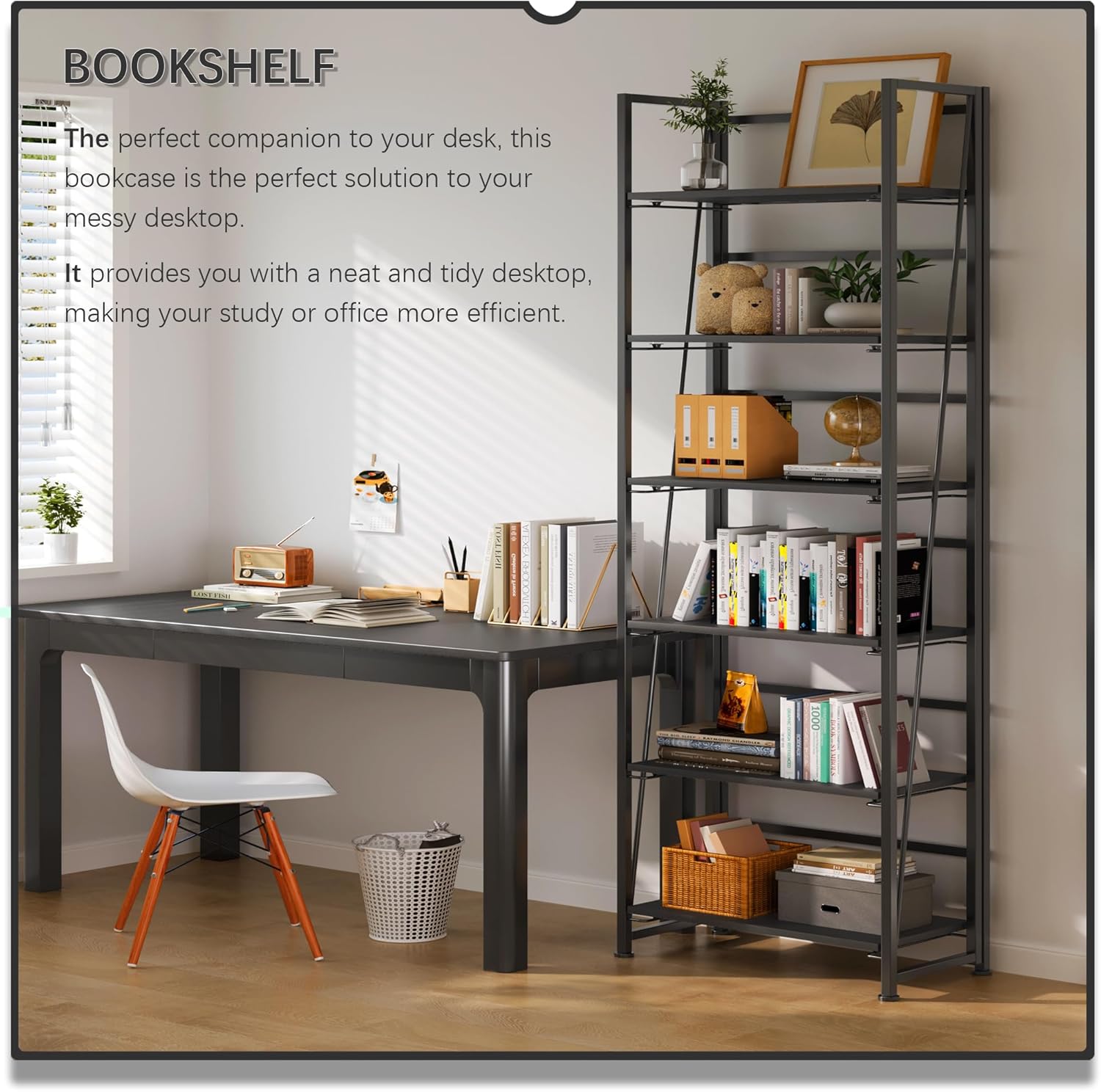 4NM No Assembly Foldable Bookshelf, 6-Shelf Collapsible Bookcase Storage for Small Spaces, 74" H