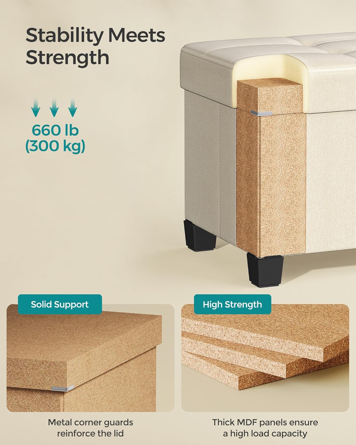 SONGMICS Storage Ottoman Bench, Foldable Foot Rest with Legs, 15 x 43 x 15.7 Inches, End of Bed