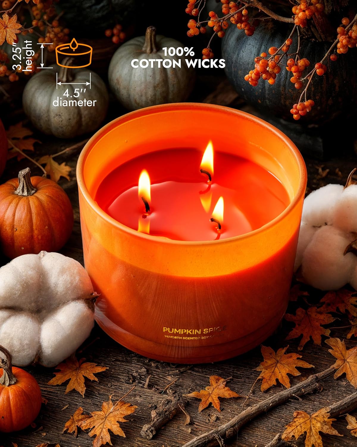 96NORTH Luxury Pumpkin Soy Candle | Large 3 Wick Jar Candle | Halloween & Fall Decor | Up to 40