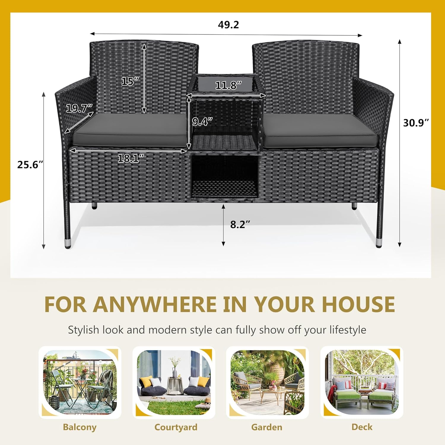 Flamaker Outdoor Furniture Patio Loveseat Wicker 2-Seat with Built-in Table and Cushions Rattan