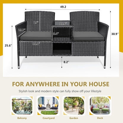 Flamaker Outdoor Furniture Patio Loveseat Wicker 2-Seat with Built-in Table and Cushions Rattan