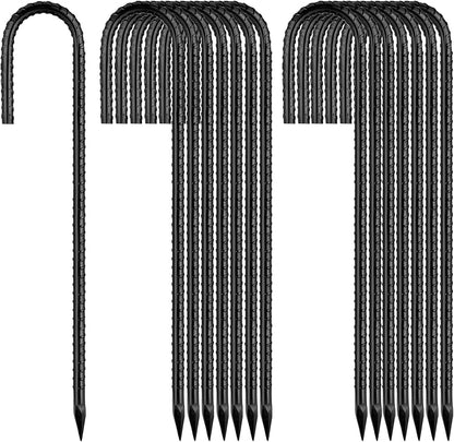 Ground-Stakes-Heavy-Duty-12 inch, J-Hook Rebar Stakes Black Coated Anti-Rust 16pcs Garden Stakes