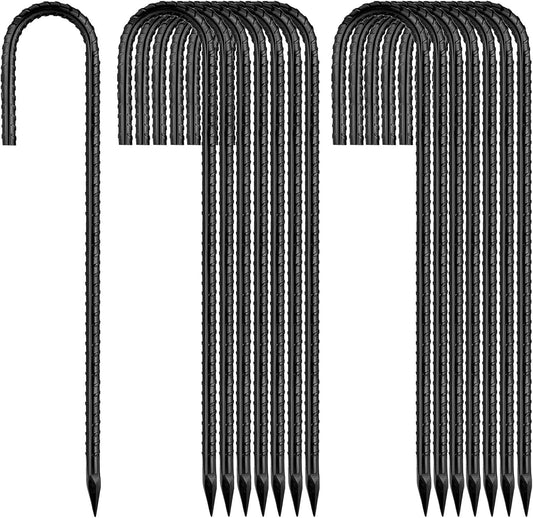 Ground-Stakes-Heavy-Duty-12 inch, J-Hook Rebar Stakes Black Coated Anti-Rust 16pcs Garden Stakes