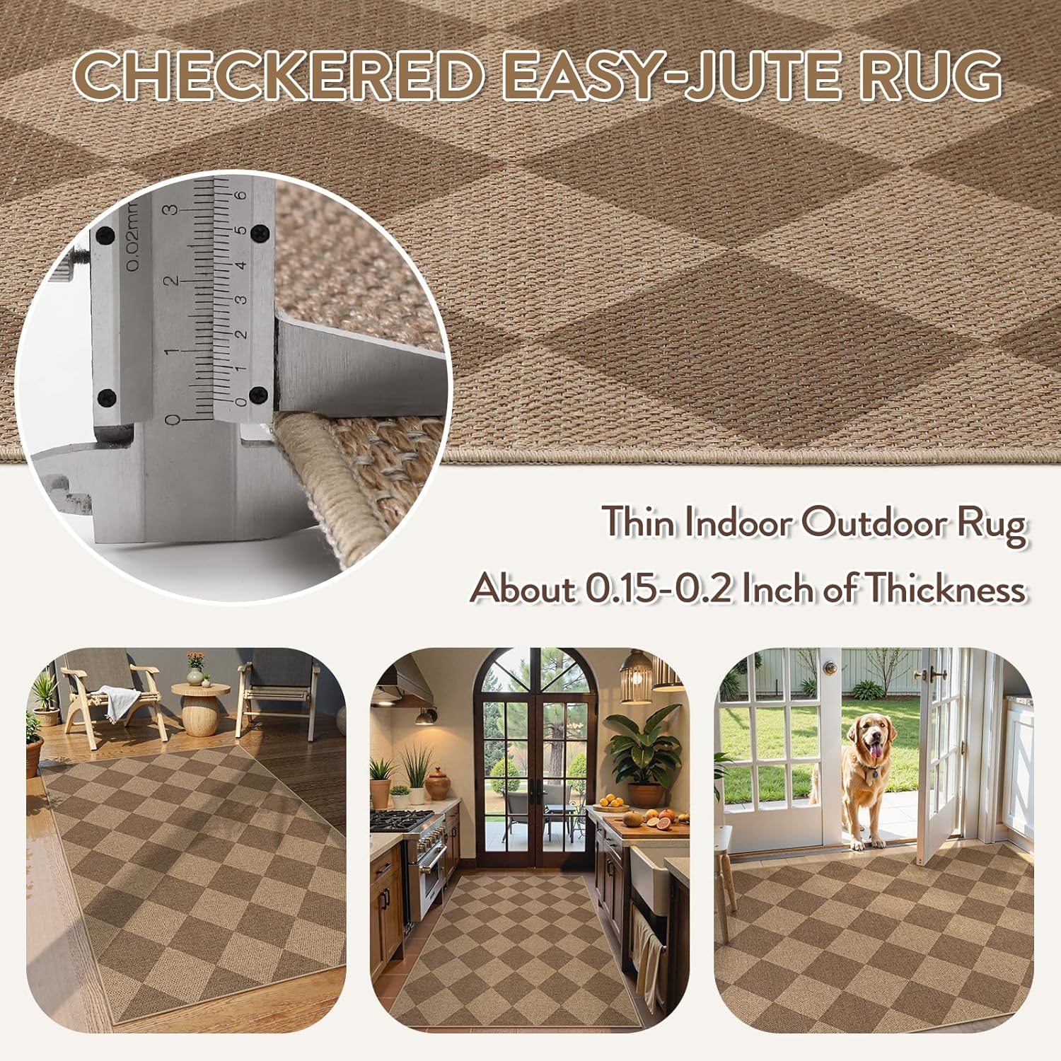 Lahome Checkered Easy Jute Indoor Outdoor Rug, 3x5 Washable Nature Rug for Entryway Living Room
