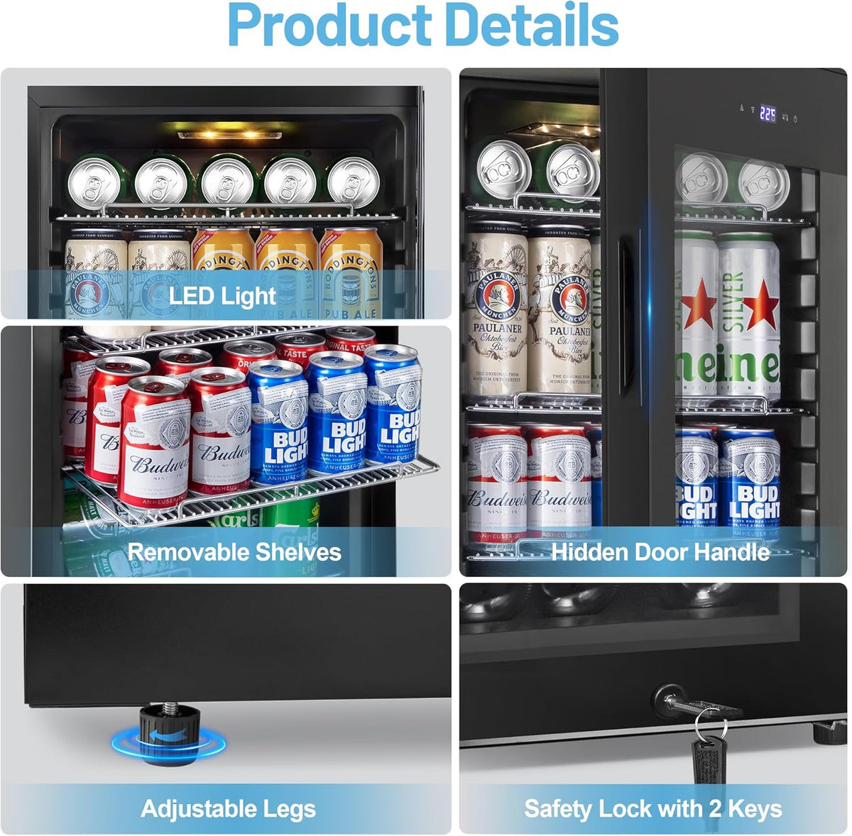 Beverage Refrigerator Cooler, 17 Inch 120 Cans Freestanding Mini Fridge with Glass Door, Adjustable