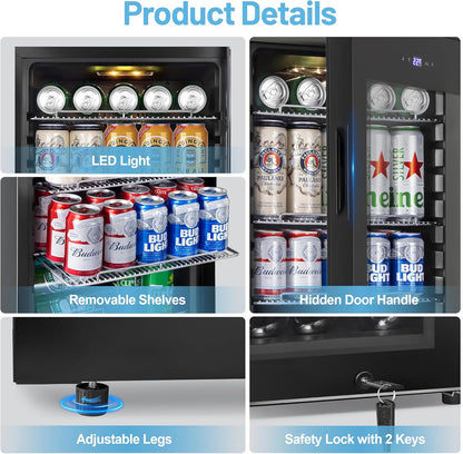 Beverage Refrigerator Cooler, 17 Inch 120 Cans Freestanding Mini Fridge with Glass Door, Adjustable