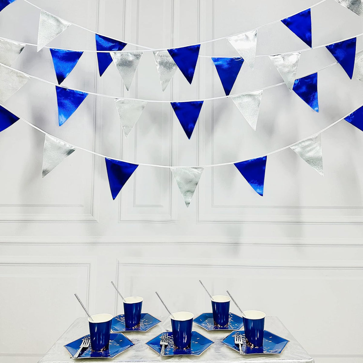 Royal Blue Silver Party Decorations Navy Blue Triangle Pennant Banner Flag Metallic Fabric Bunting
