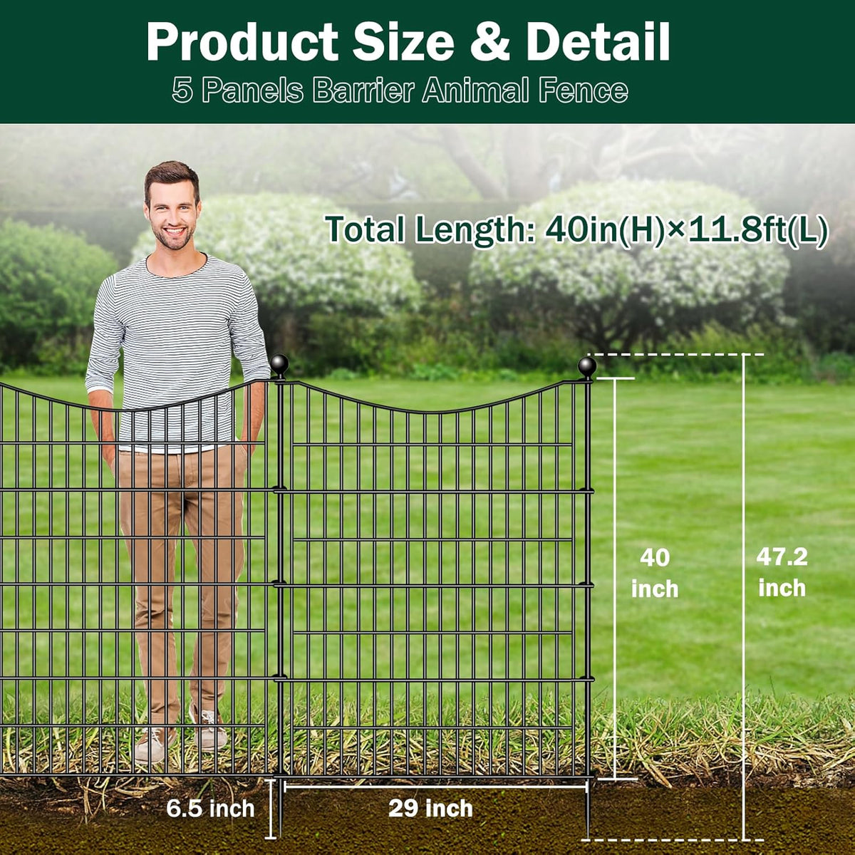 5 Panels No Dig Dog Fence Outdoor for Yard, 40 in(H) X 12 ft(L) Decorative Tall Garden Fence Animal