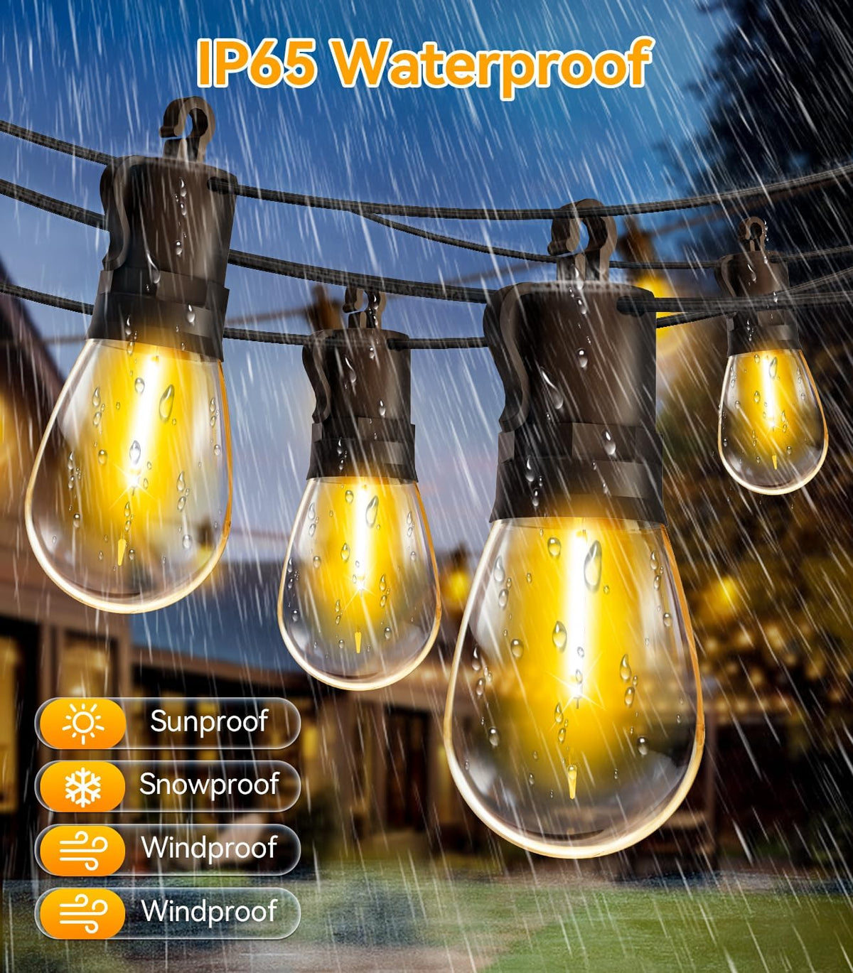 Outdoor-String-Lights-Patio-LED-Light-Outside 50Ft 15M Waterproof Remote Dimmable S14 LED Porch