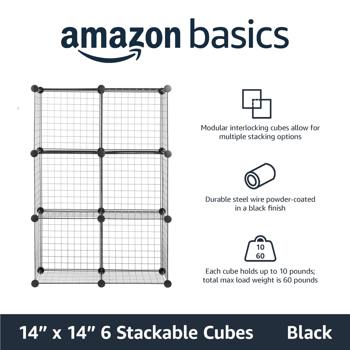 Amazon Basics 6 Cube Wire Grid Storage Organizer, Stackable Cubes, Cubby Bookcase, Display Shelf