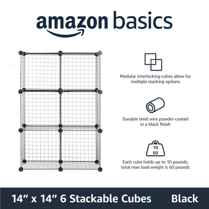 Amazon Basics 6 Cube Wire Grid Storage Organizer, Stackable Cubes, Cubby Bookcase, Display Shelf
