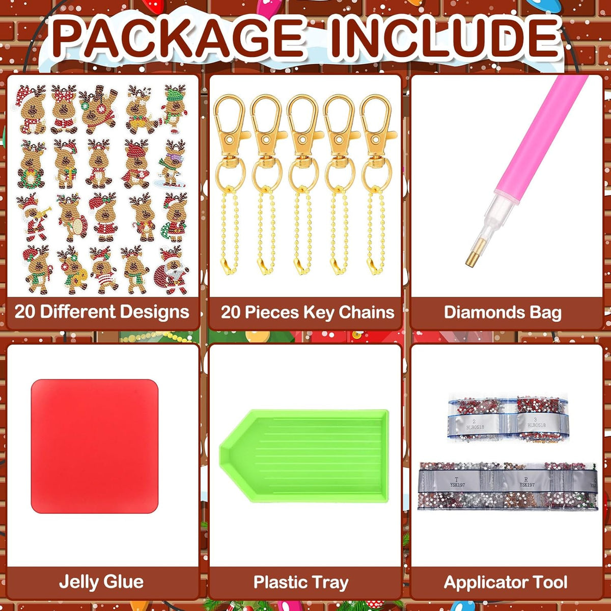 Tondiamo 20 Pcs Christmas Diamond Painting Keychain Kits 5D DIY Diamond Art Pendants Double Sided