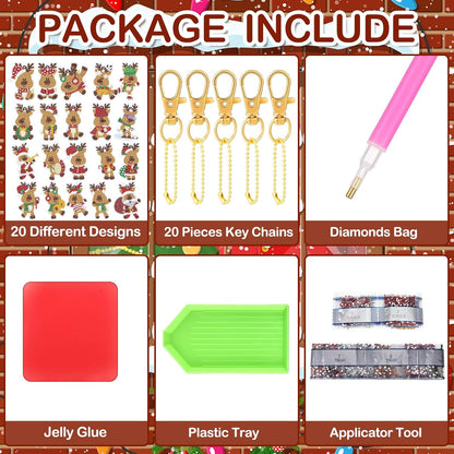 Tondiamo 20 Pcs Christmas Diamond Painting Keychain Kits 5D DIY Diamond Art Pendants Double Sided