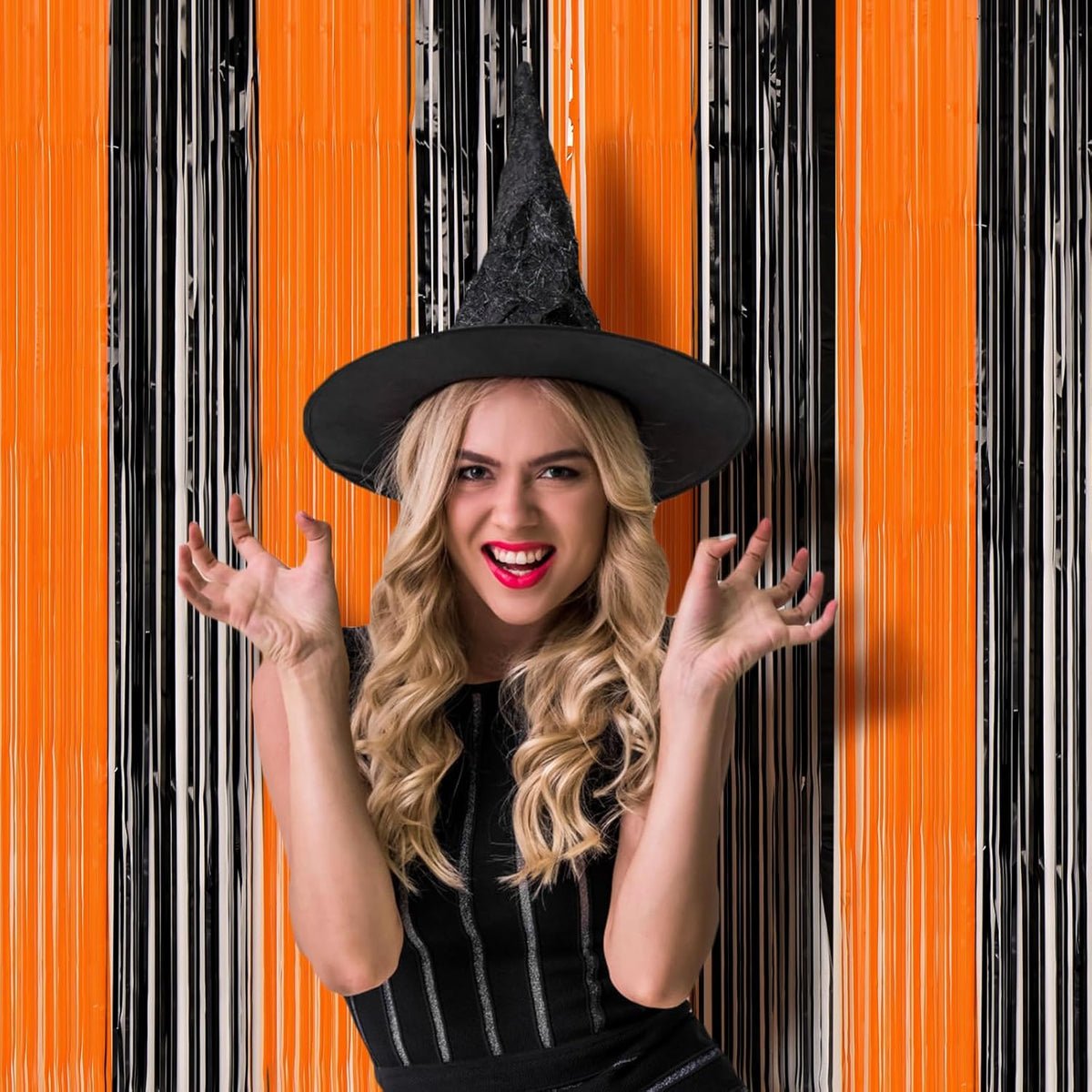 3 Pack 3.3x8.2 Feet Black and Orange Foil Fringe Backdrop Curtains, Tinsel Streamers Birthday Party