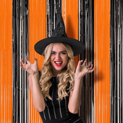 3 Pack 3.3x8.2 Feet Black and Orange Foil Fringe Backdrop Curtains, Tinsel Streamers Birthday Party