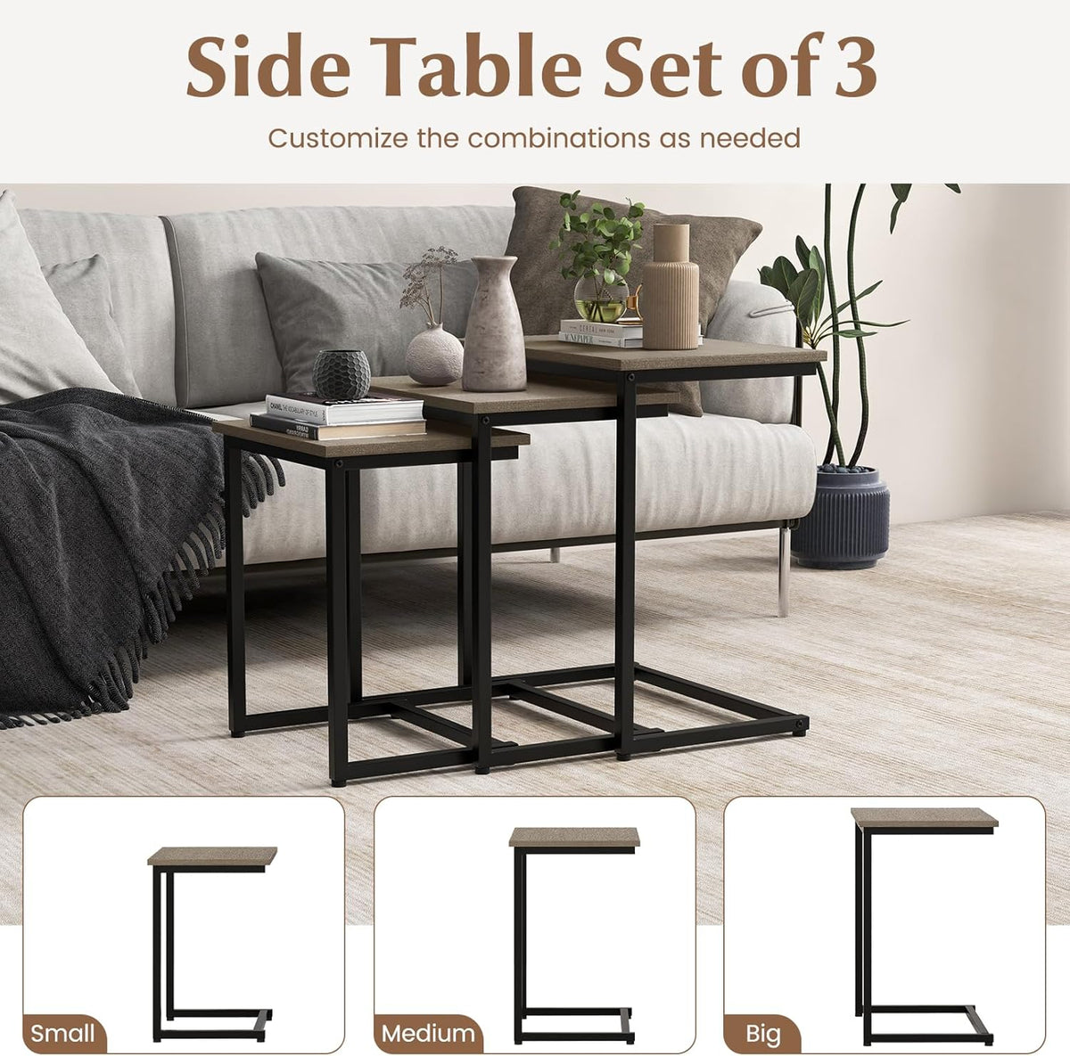 Giantex Nesting Coffee Table Set of 3, Stackable Square End Table w/Wood Grain Tabletop &