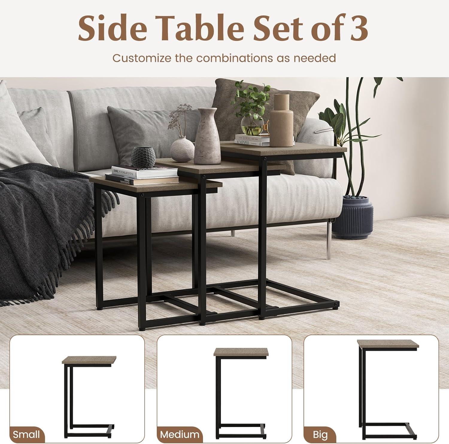 Giantex Nesting Coffee Table Set of 3, Stackable Square End Table w/Wood Grain Tabletop &