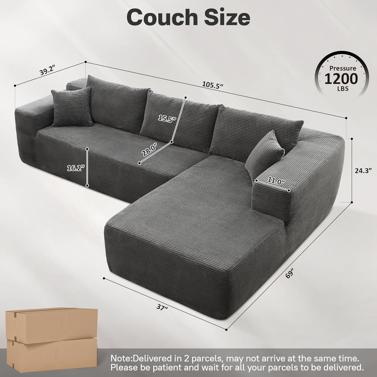 104" Cloud Sectional Couches for Living Room,L Shaped Boneless Couch in A Box,Sleeper Sofa with