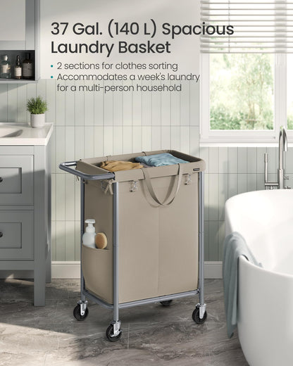 SONGMICS Laundry Basket with Wheels, 2-Section Rolling Laundry Hamper, 37 Gallons (140 L)