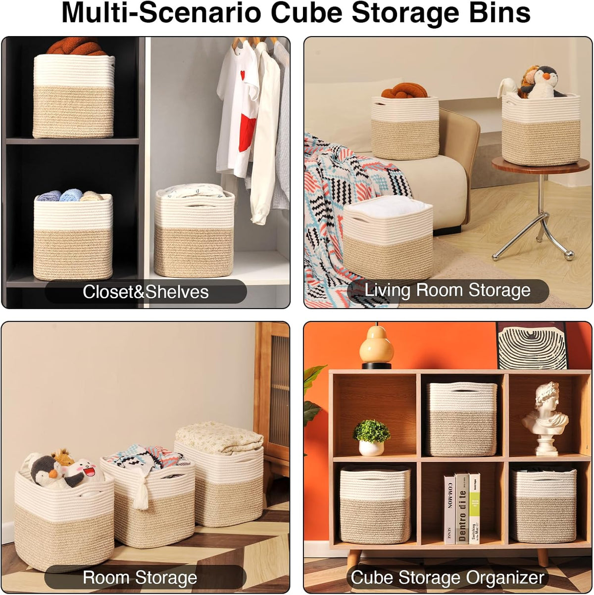 11 Inch Cube Storage Bins, Organizer Woven Cotton Rope Square Baskets for Organizing Shelves, Toys