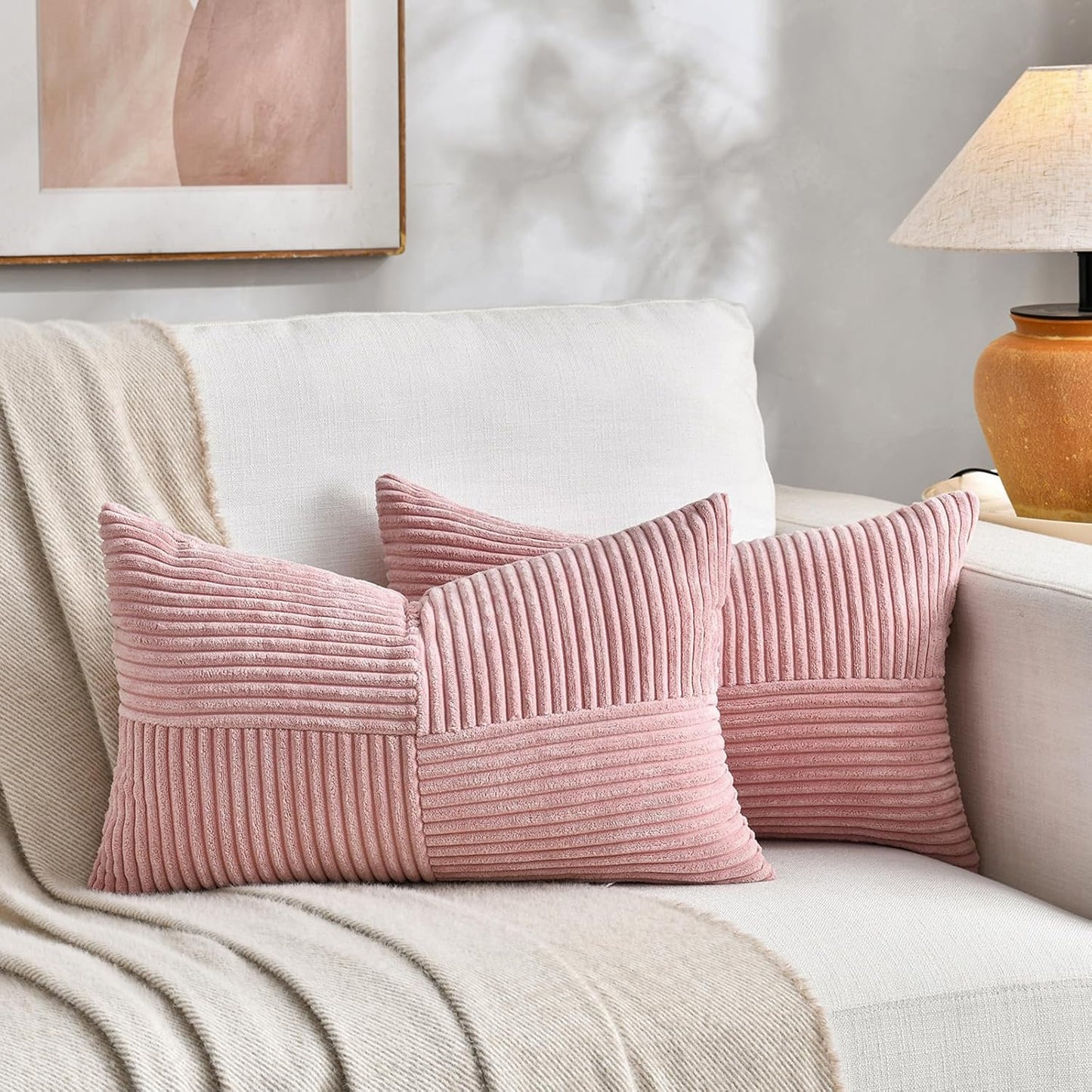 Fancy Homi 2 Packs Blush Pink Lumbar Decorative Throw Pillow Covers 14x24 Inch for Couch Bed