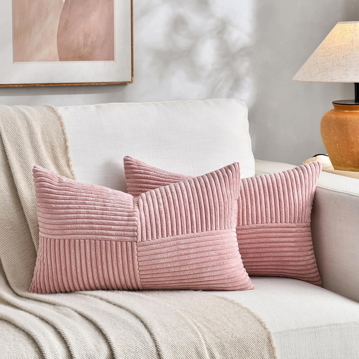 Fancy Homi 2 Packs Blush Pink Long Lumbar Decorative Throw Pillow Covers 16x24 Inch for Couch Bed