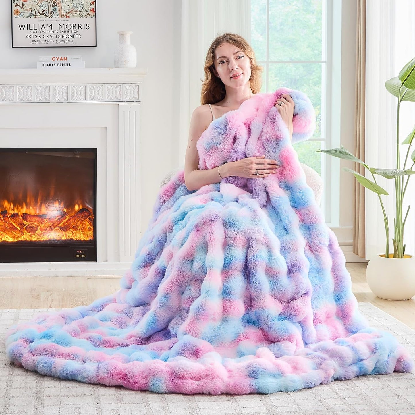 Lotus Karen Faux Fur Throw Blanket Tie-Dye Purple Rainbow - Big Bubble Rabbit Fluff Blanket for