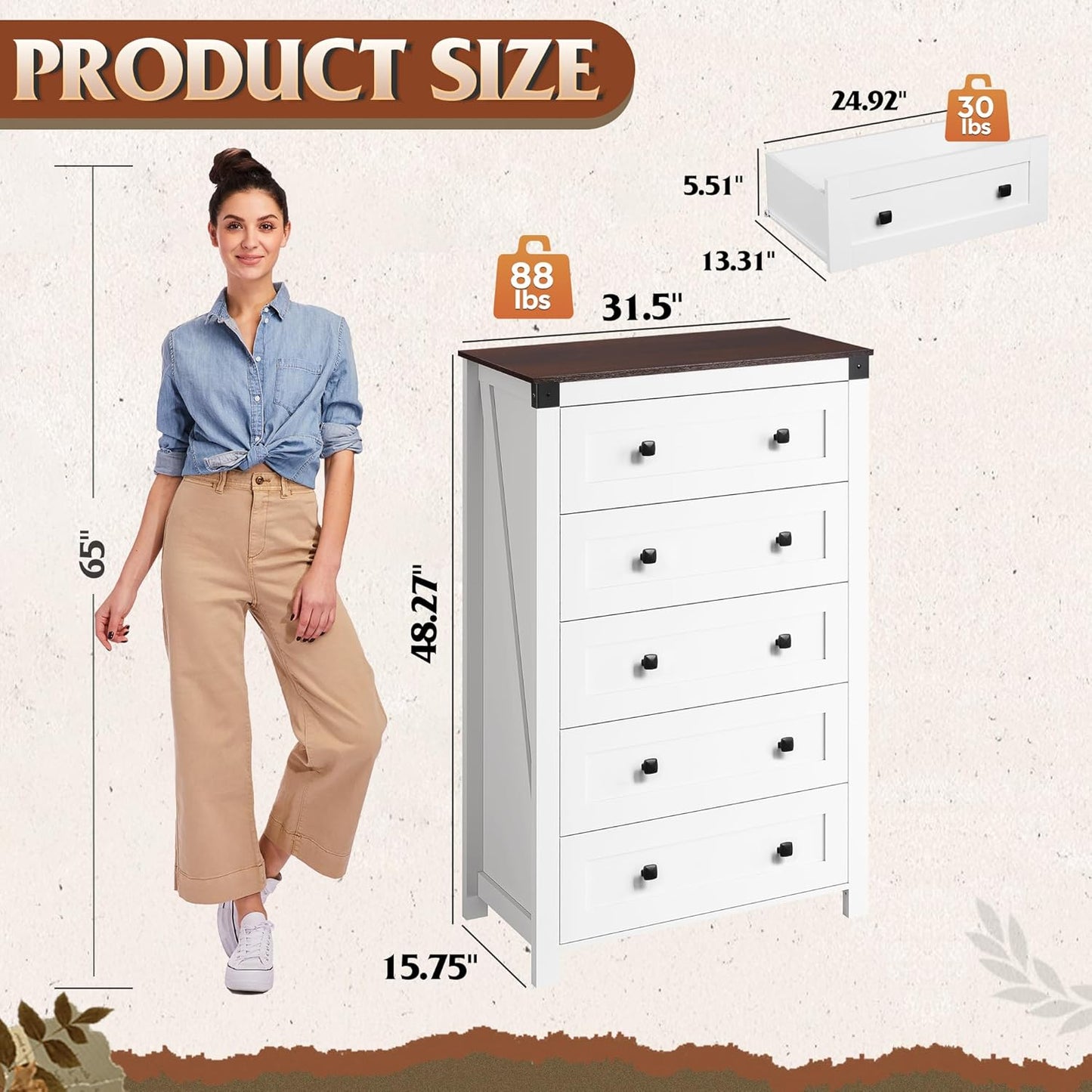 WLIVE Farmhouse White Dresser for Bedroom, 5 Drawer Dresser Storage Organizer, Tall Wood Dressers