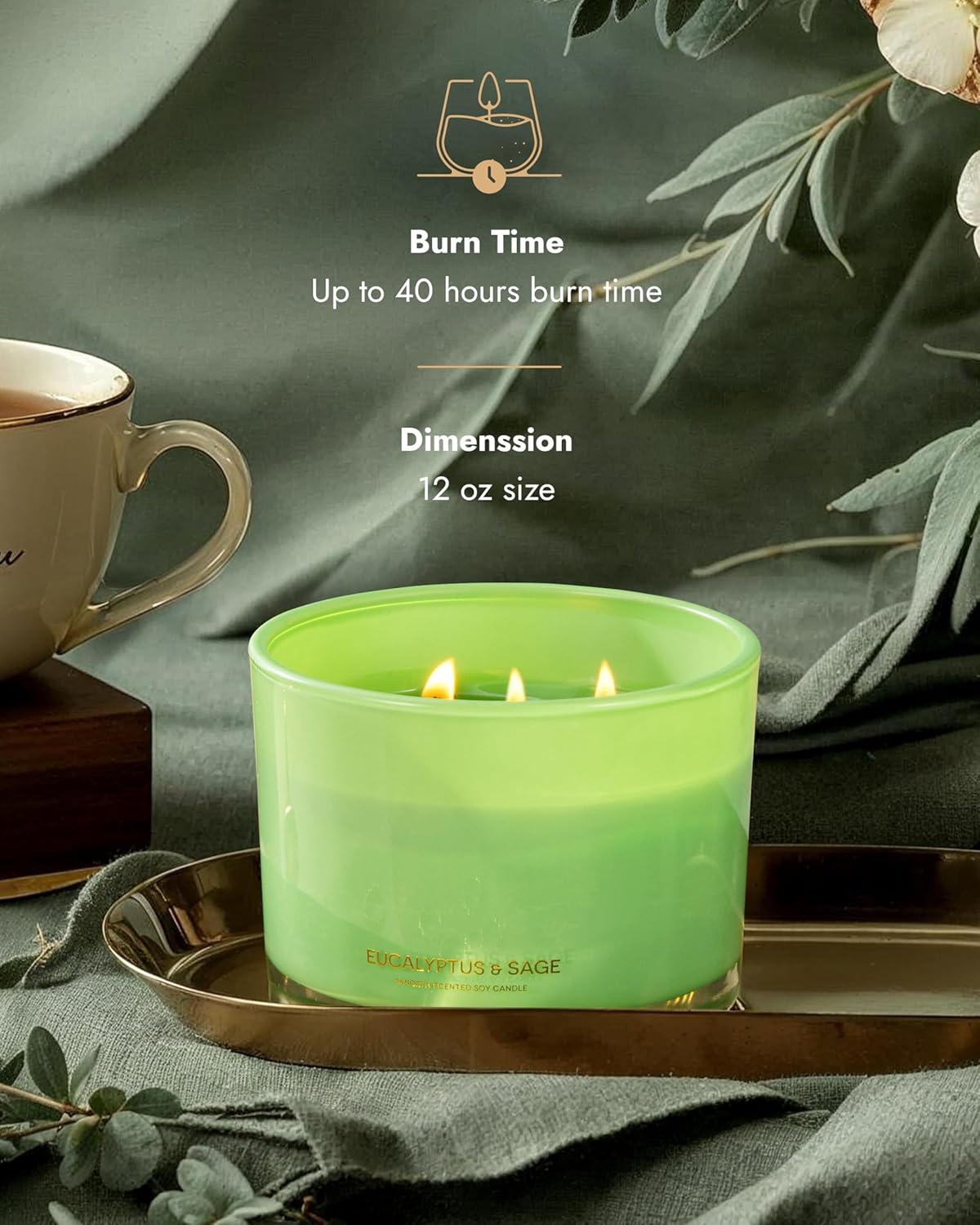 96NORTH Luxury Eucalyptus & Sage Soy Candle | Large 3 Wick Jar Candle | Up to 50 Hours Burning Time