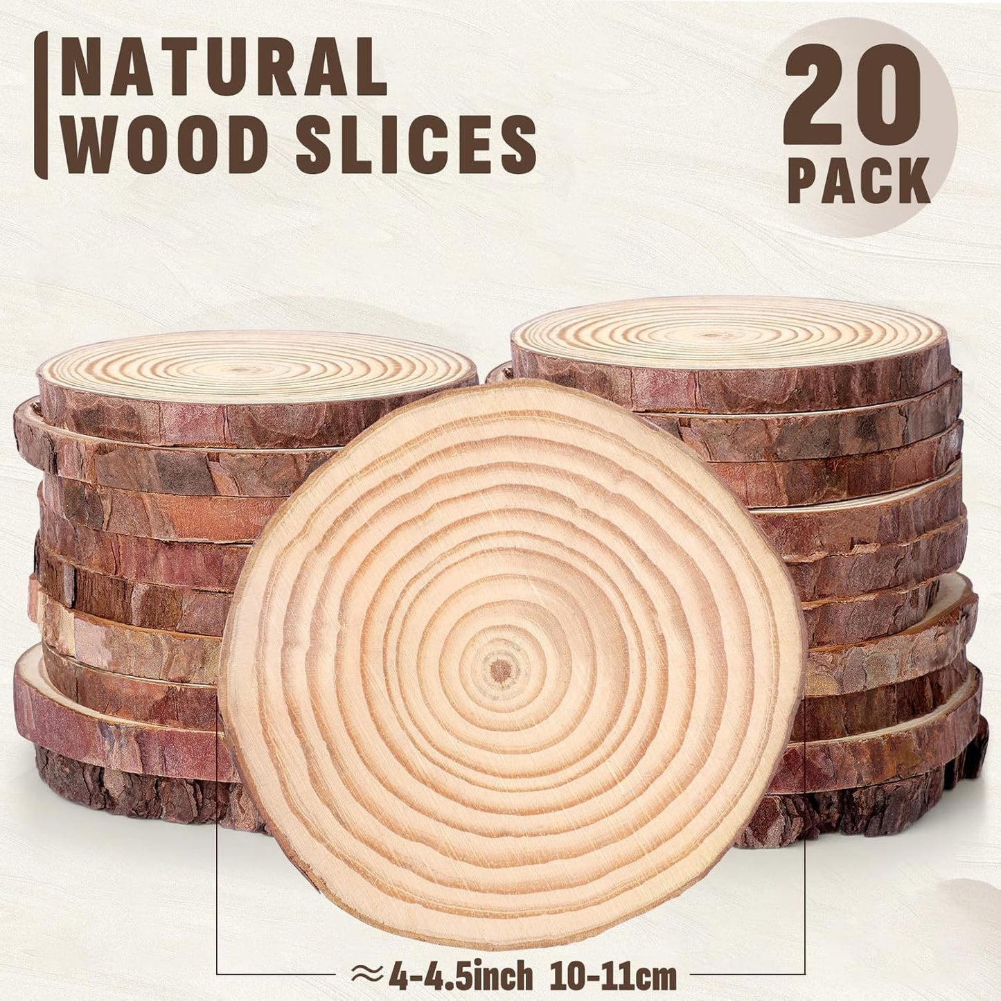 FUMILE Unfinished Natural Wood Slices 4-4.5 Inch, 20 PCS Round Wooden Discs with Tree Bark, Wood