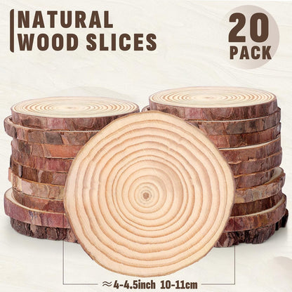 FUMILE Unfinished Natural Wood Slices 4-4.5 Inch, 20 PCS Round Wooden Discs with Tree Bark, Wood