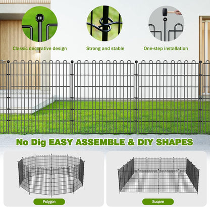 10 Panels No Dig Decorative Garden Fence with Gate for Yard, 24 in(H) X 20 ft(L) Animal Barrier