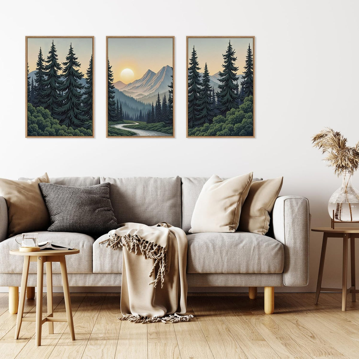 HLNIUC Mountain Forest Sun Framed Wall Art,Large Boho Pine Tree Canvas Wall Decor Set of
