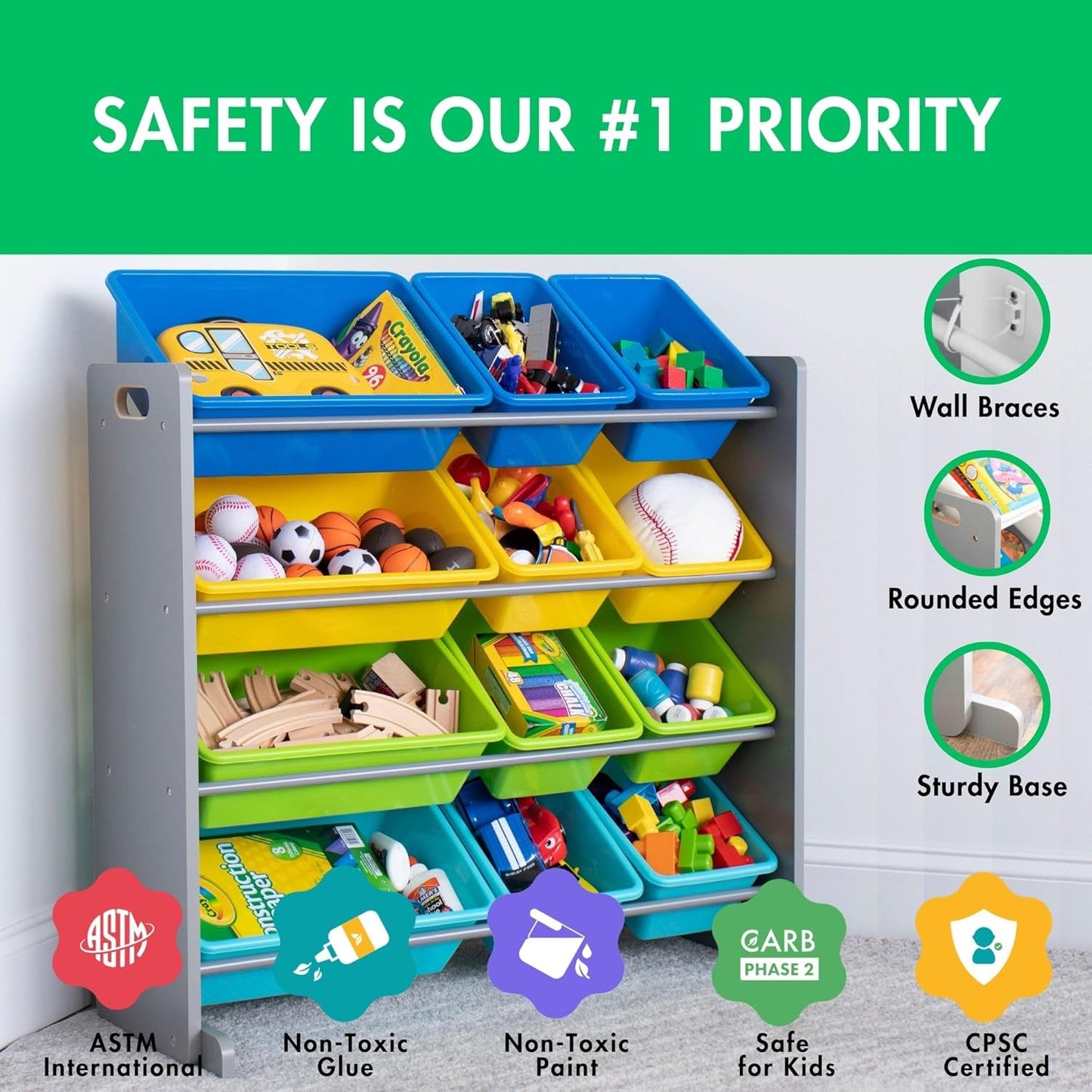 Humble Crew Kids Toy Storage Organizer with 12 Plastic Bins, Grey/Blue/Green/Yellow – Removable