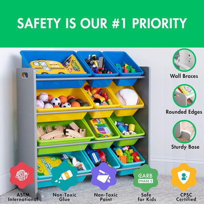 Humble Crew Kids Toy Storage Organizer with 12 Plastic Bins, Grey/Blue/Green/Yellow – Removable