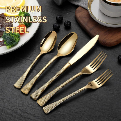 Hammered Gold Silverware Set for 8,Stainless Steel 40-Piece Modern Cutlery Set,Mirror Polished