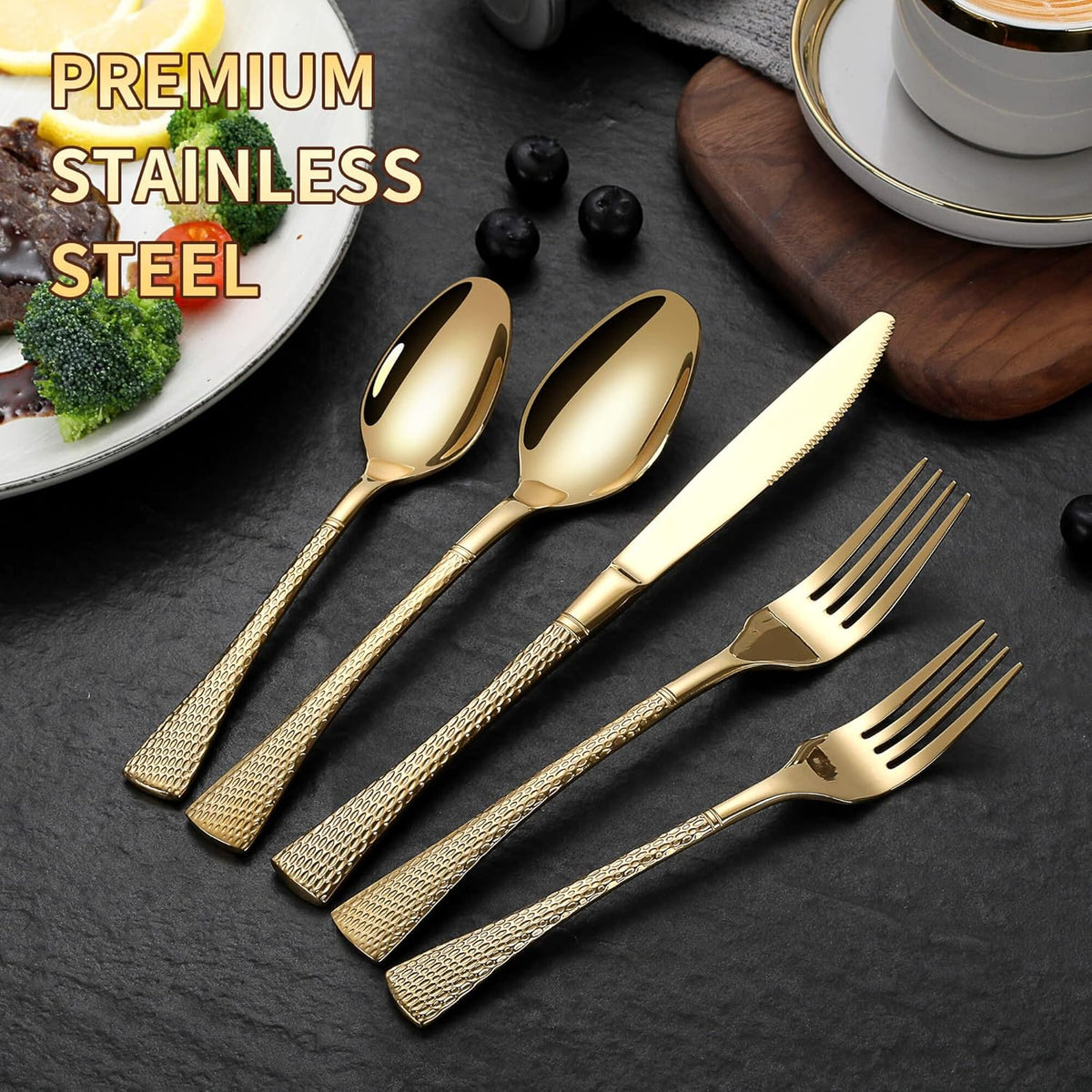Hammered Gold Silverware Set,20 Piece Modern Flatware Set Service for 4,Mirror Polished Stainless
