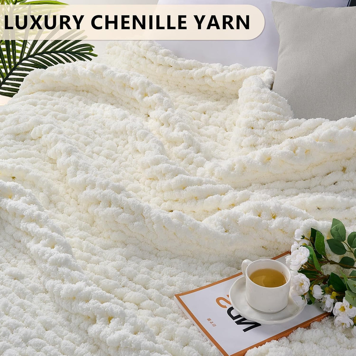 L'AGRATY Chunky Knit Blanket Throw: Soft Chenille Yarn Throw Blanket 60x80 - Handmade Thick Cable