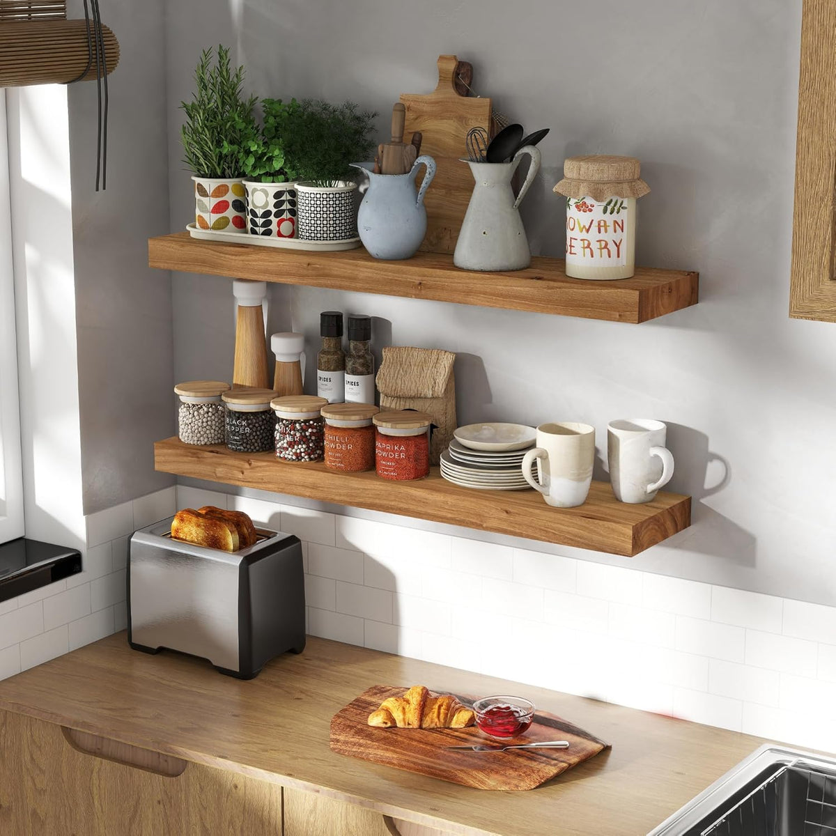 36 Inch Floating Shelves for Wall, Rustic Elm Wood Shelf for Home Decor, Heavy-Duty Wooden Floating