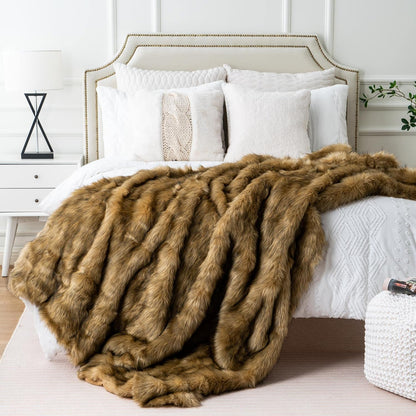 BATTILO HOME Golden Faux Fur Throw Blanket for Couch Sofa, Long Pile Fur Blankets and Throws