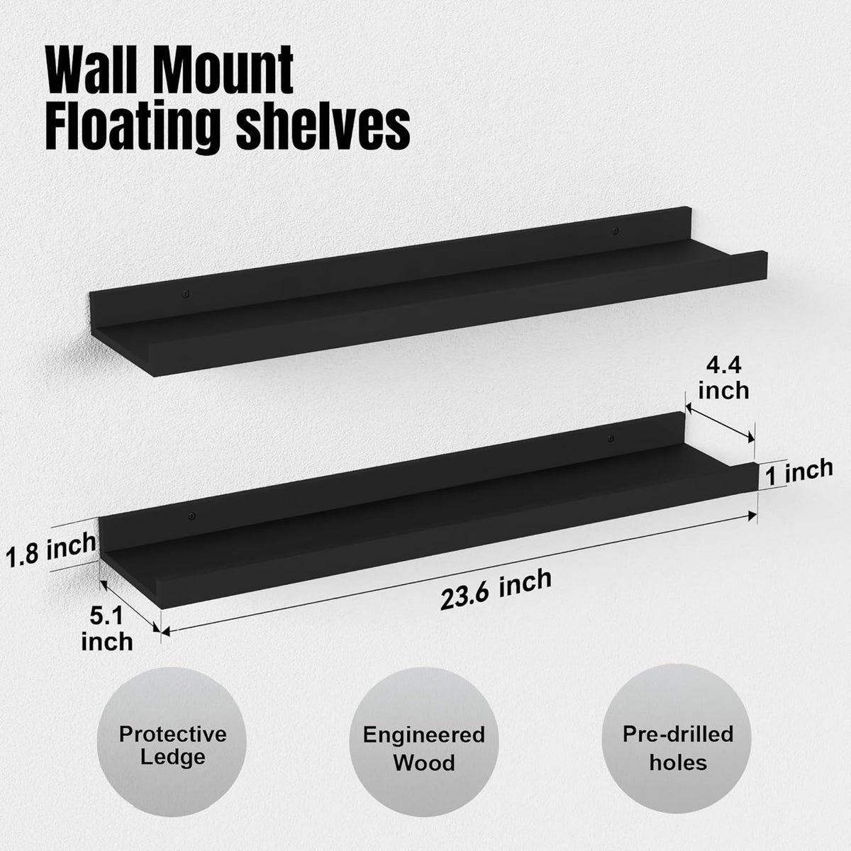 RICHER HOUSE 3 Set Floating Shelves for Wall, Black Wall Mounted Shelves with Lip for Storage