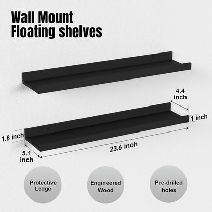 RICHER HOUSE 3 Set Floating Shelves for Wall, Black Wall Mounted Shelves with Lip for Storage