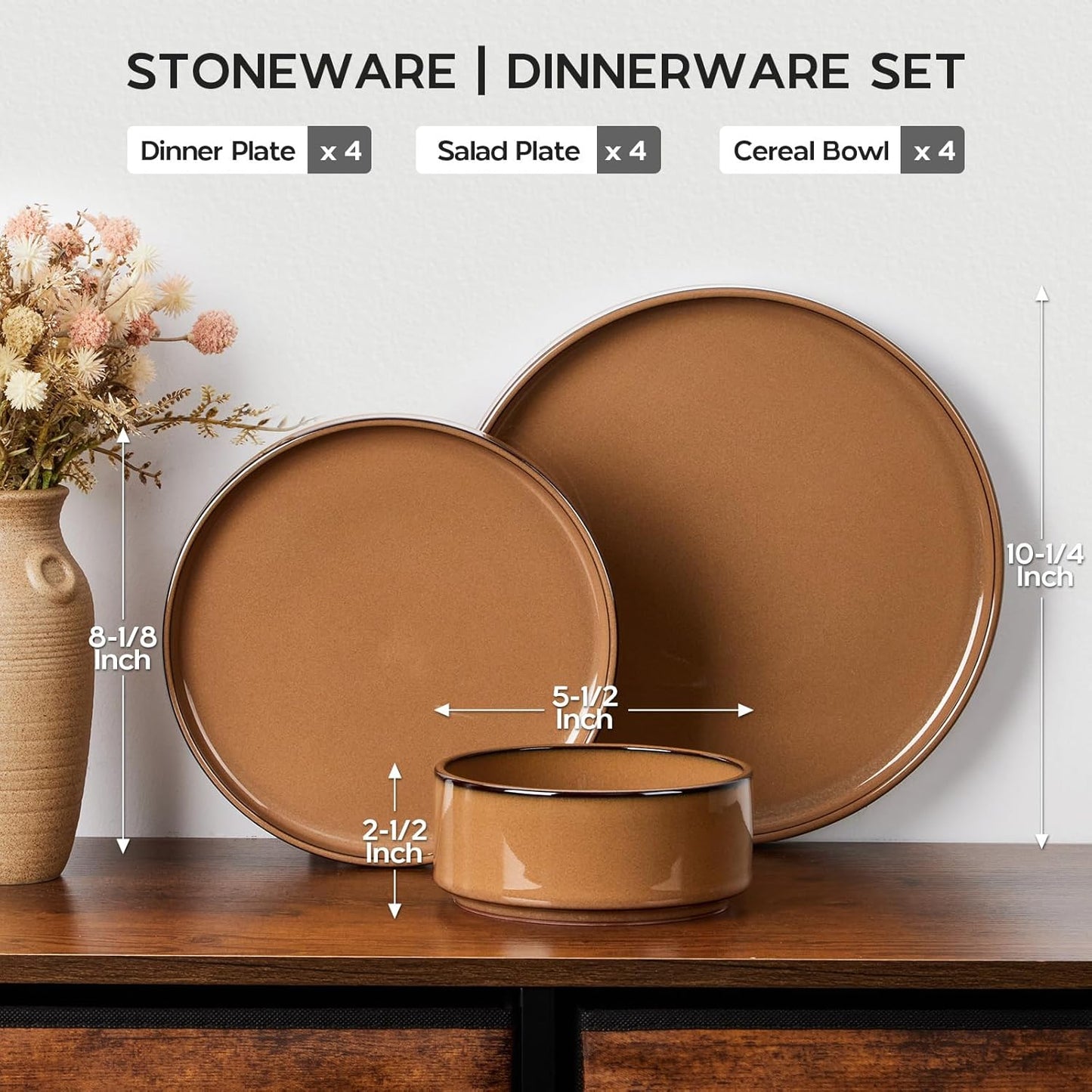 Onader Stoneware Dinnerware Sets for 4, Plates and Bowls with Unglazed Terracotta Bottom, Elegant
