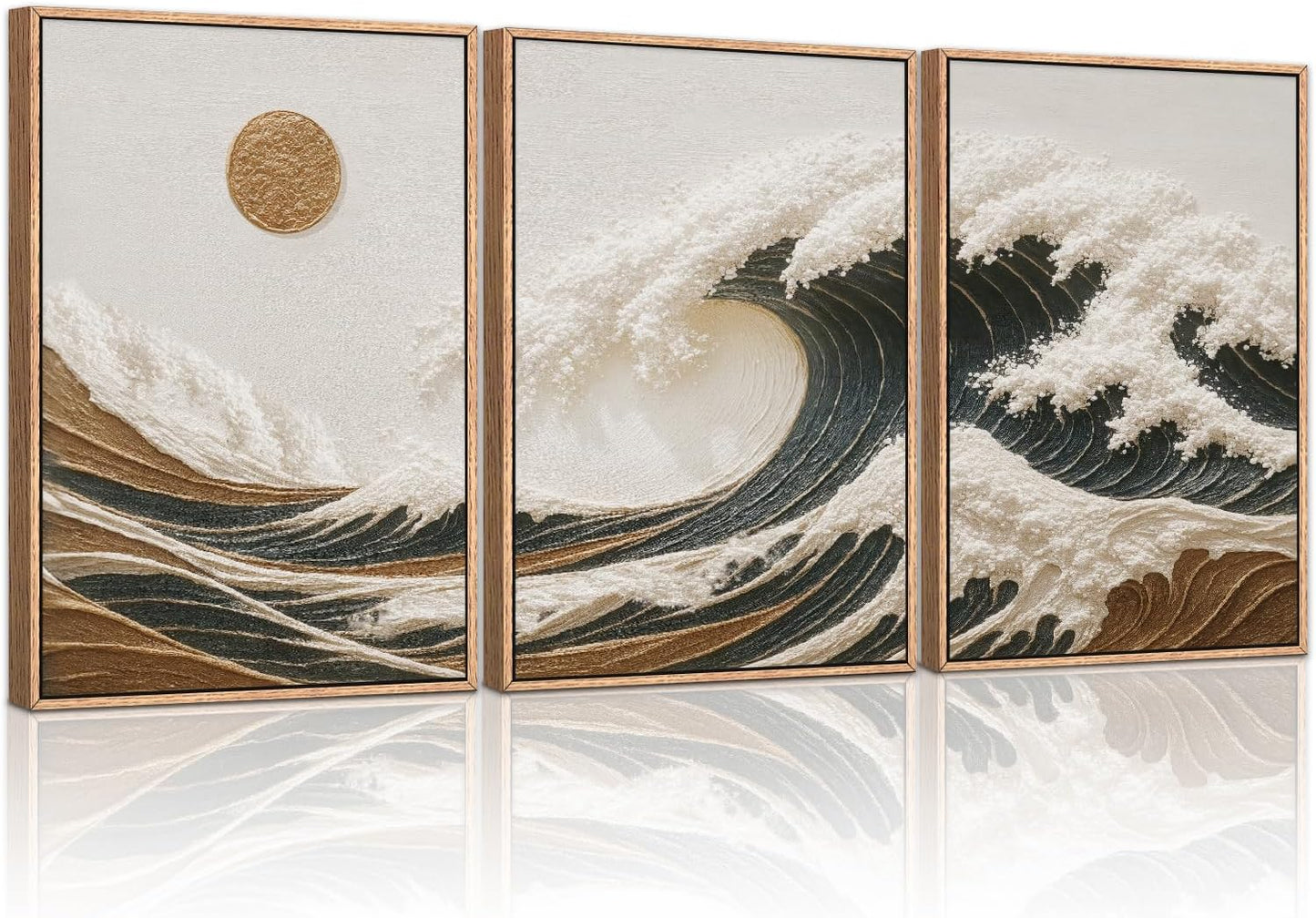 HLNIUC Sea Wave Framed Canvas Wall Art,Abstract Sun Seascape Wall Decor Set of 3(16”x24”) Large